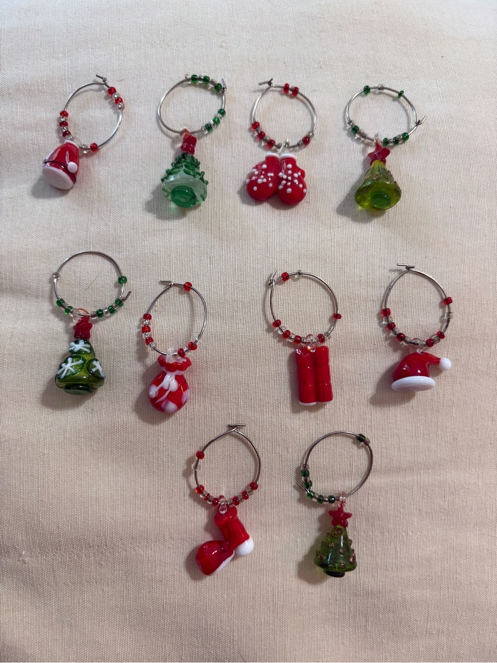 Christmas Theme Wine Glass Markers - Glass Beads Lot Of 10